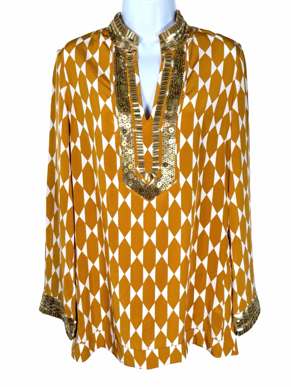 Tory Burch NWT Silk Embellished Tunic Beaded Sequin Orange Geometric Top Size 4